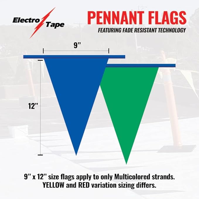 Pennant Banner Flags - OSHA 500lb Rated Safety Rooftop Flagging Barrier Traffic Party & Events - 105ft Strand Fade Resistant (Multicolored, 9"x12"x105ft)