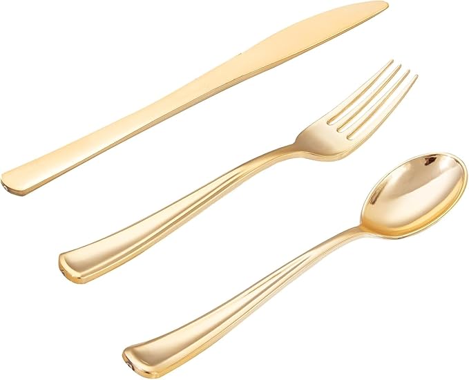 WDF 500PCS Gold Plastic Silverware Set Disposable - Gold Cutlery Set Plastic - 250Forks, 125 Spoons, 125 Knives for Thanksgiving Party, Birthday, Wedding