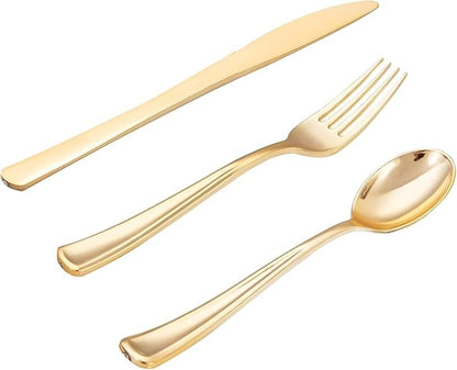 WDF 500PCS Gold Plastic Silverware Set Disposable - Gold Cutlery Set Plastic - 250Forks, 125 Spoons, 125 Knives for Thanksgiving Party, Birthday, Wedding
