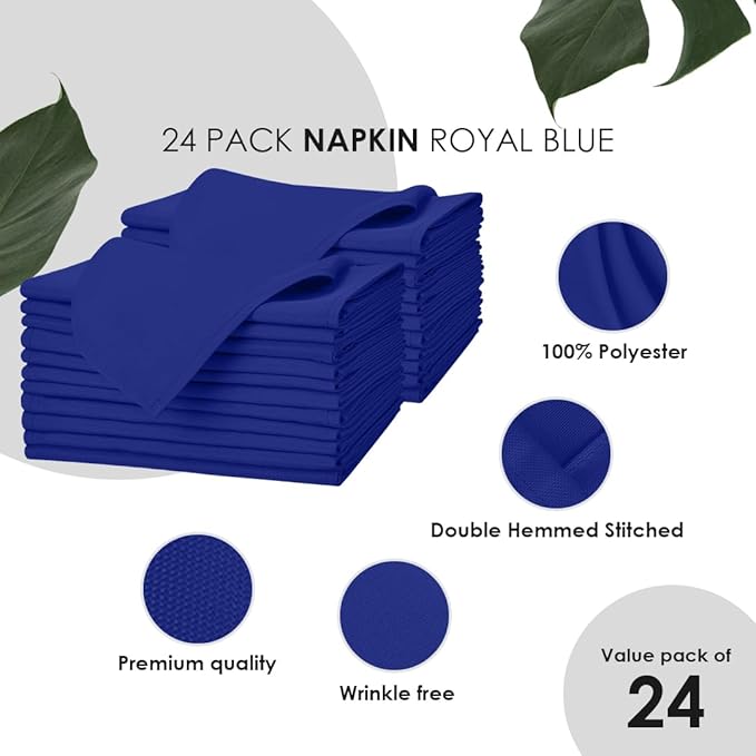 Royal Blue Cloth Napkins Bulk (Pack of 24) - 100% Polyester Dinner Linen Napkins Cloth Washable & Reusable - Durable with Hemmed Edges - Ideal for Parties and Weddings (17x17 Inches)