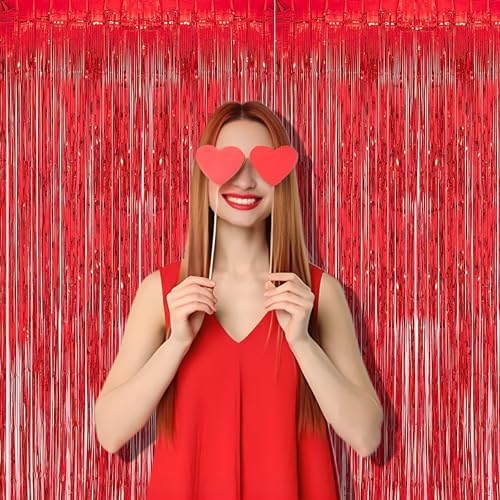 Foil Fringe Curtain Christmas Party Decorations - Red Metallic Tinsel Photo Booth Backdrop Party Steamers Curtains for Christmas New Years Valentines Engagement Celebration Party