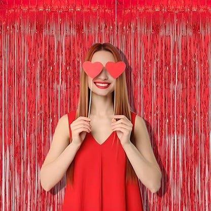 Foil Fringe Curtain Christmas Party Decorations - Red Metallic Tinsel Photo Booth Backdrop Party Steamers Curtains for Christmas New Years Valentines Engagement Celebration Party