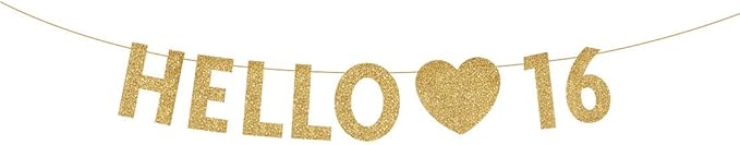 Gold Hello 16 Birthday Banner, Gold Glitter Happy 16th Birthday Party Decorations, Supplies