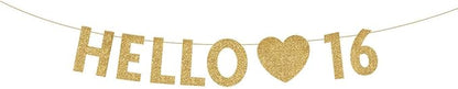 Gold Hello 16 Birthday Banner, Gold Glitter Happy 16th Birthday Party Decorations, Supplies