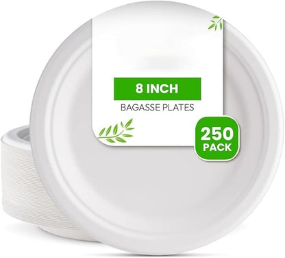 Round Compostable Plates, Disposable Sturdy, Sugarcane Biodegradable, Microwave Freezer Safe for Parties, Weddings, Events (8 Inch, 125, Count)