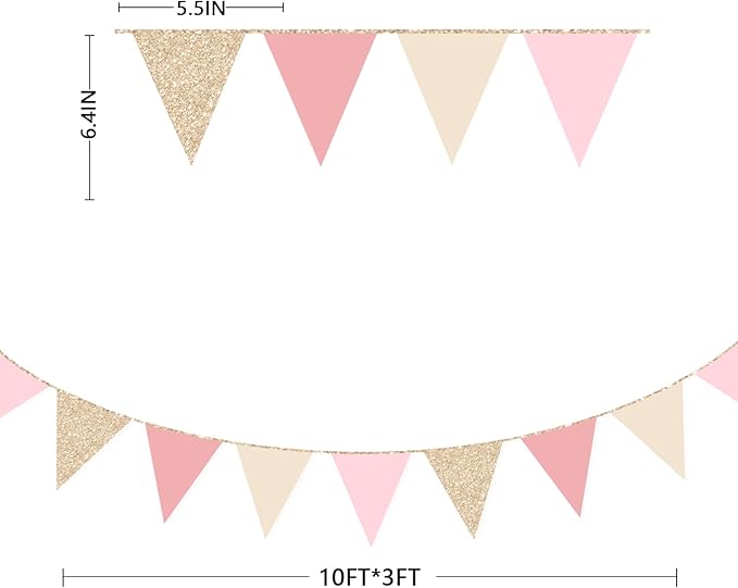 Champagne Gold Dusty Rose Pink Beige Party Pennant Banner Flag Hanging Glitter Paper Triangle Bunting for Women Girls Birthday Baby Shower Wedding Bridal Shower Holiday Party Decorations Supplies