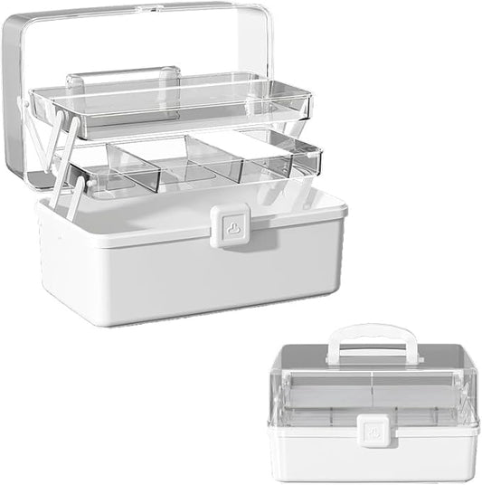 12.9in Three-Layer Multipurpose Storage Box with Handle Portable Tackle Box Folding Art & Craft Case Sewing Supplies Organizer for Makeup, Medicine, Nail, Hair Accessories (White)