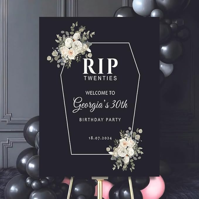 RIP Twenties 30th Birthday Party Welcome Sign, Personalized Funeral for My Youth Custom Decor, Modern Coffin Coffin Frame Floral Welcome Board.