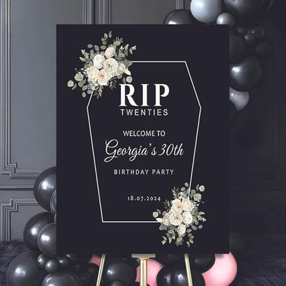 RIP Twenties 30th Birthday Party Welcome Sign, Personalized Funeral for My Youth Custom Decor, Modern Coffin Coffin Frame Floral Welcome Board.