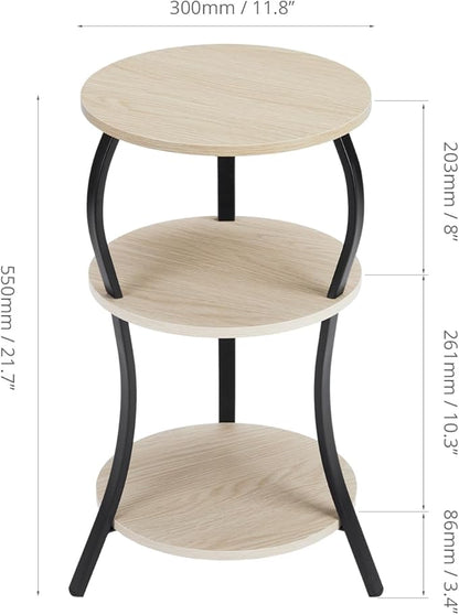 Vintage Small Round Side Table, 3-Tier Slim Waist Circular End Table with Storage Shelf, Compact Tea Sofa Side Table, Round Corner Coffee Table Nightstand for Living Room Bedroom Small Spaces,Oak