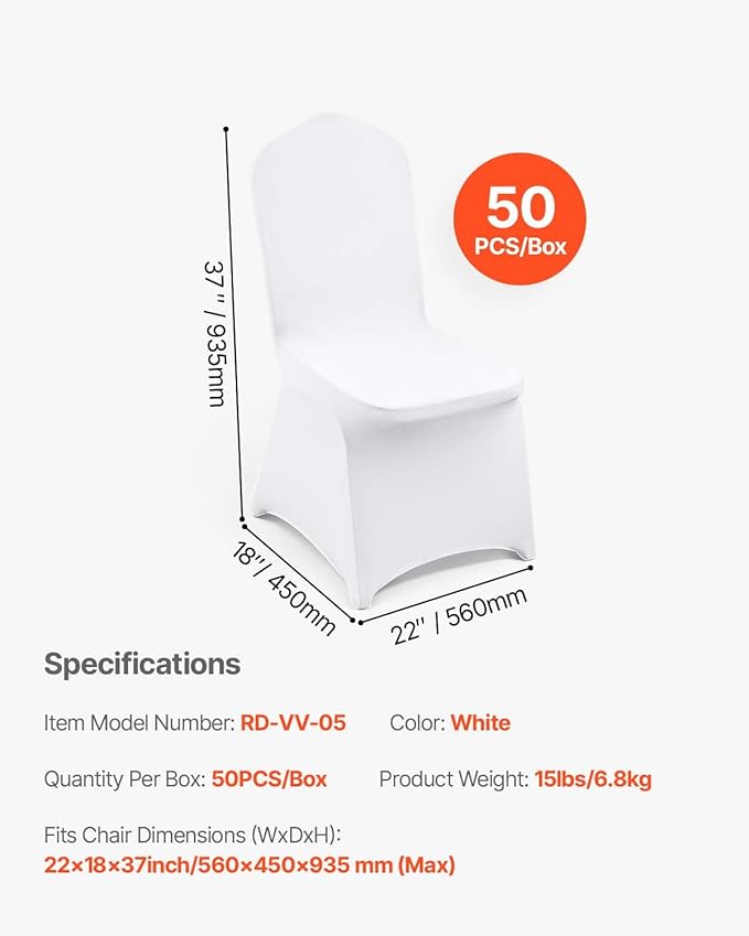 VEVOR 50 Pcs White Chair Covers Polyester Spandex Chair Cover Stretch Slipcovers for Wedding Party Dining Banquet Flat-Front Chair Covers
