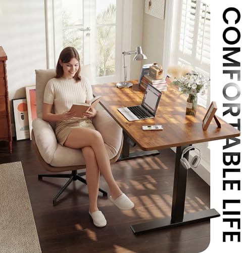 CubiCubi Electric Standing Desk 55 x 24 Inch, Height Adjustable Sit Stand Desk with Memory Presets, Splice Desktop Computer Desk for Home Office, Black Frame/Vintage Brown Top