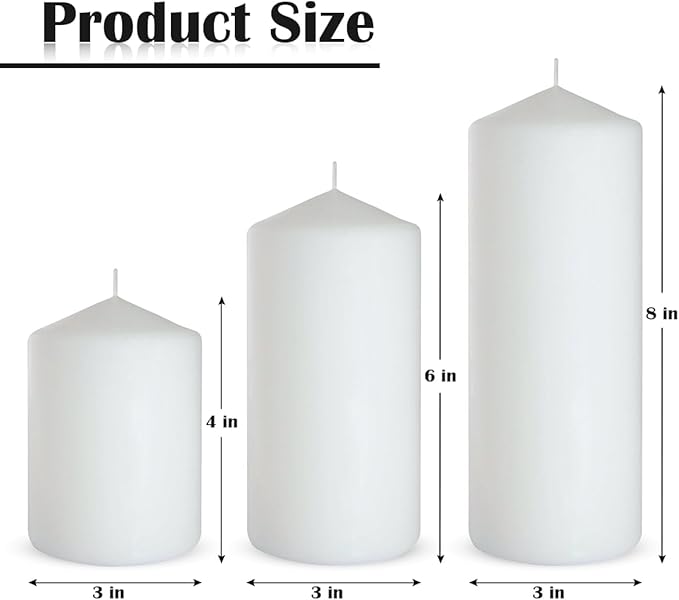Set of 3 Different Sizes White Pillar Candles, Dripless Unscented 3x4 3x6 3x8 Inch Large Cylinder Column Candles for Home Table Decor Power Outage Emergency