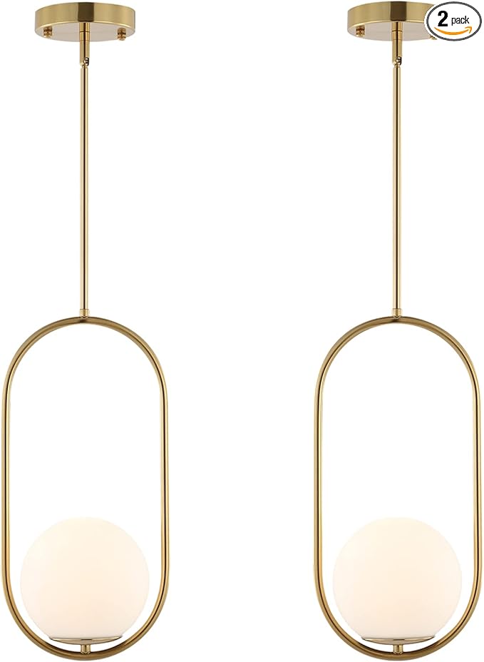 Modern Gold Globe Pendant Light Mid Century Chandelier 1-Light Brushed Brass Ceiling Hanging Lighting Fixture with White Globe Glass Lampshade for Kitchen Island Dining Room Bedroom (2 Pack)