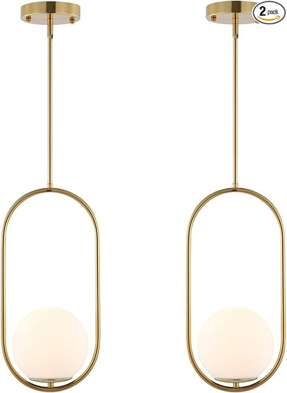 Modern Gold Globe Pendant Light Mid Century Chandelier 1-Light Brushed Brass Ceiling Hanging Lighting Fixture with White Globe Glass Lampshade for Kitchen Island Dining Room Bedroom (2 Pack)
