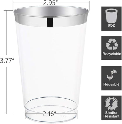 I00000 200pcs Silver Disposable Plastic Cups 10 oz Clear Plastic Cups Old Fashioned Tumblers Silver Rim Cup Disposable Elegant Silver Wine Glasses Cocktail Cup