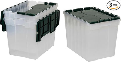 Akro-Mils KeepBox 18 Gallon Storage Container, Nesting and Stackable Plastic Storage Box with Lid Attached, Clear Tote for Garages, Closets, and Moving, 21" x 15" x 17", Clear/Green, 3-Pack
