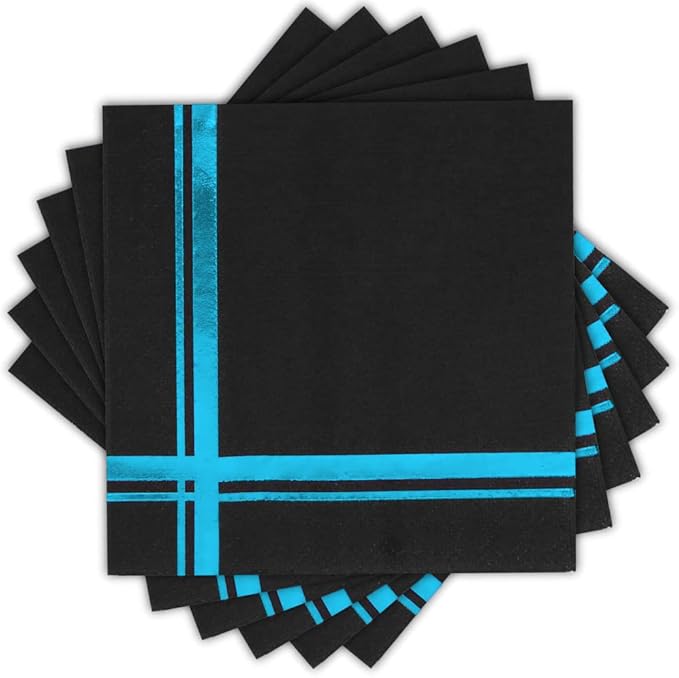 Light Blue on Black Cocktail Napkins - 100 Pack, 5" x 5", 3-Ply Paper - Style Name: Blissful Crossing