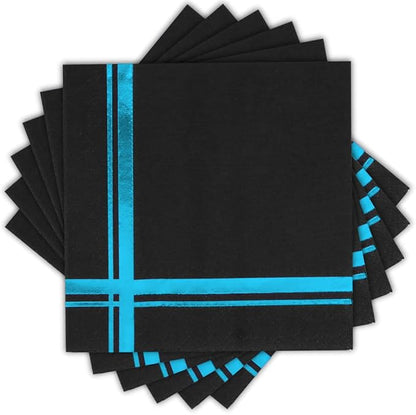 Light Blue on Black Cocktail Napkins - 100 Pack, 5" x 5", 3-Ply Paper - Style Name: Blissful Crossing