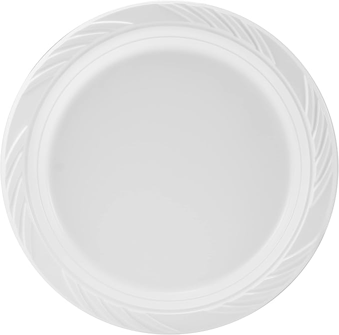 Munfix 100 Pack White Plastic Dinner Plates, 9 Inch Disposable Plates, Bulk Pack for Party, BBQ, Picnic, Parties, Travel and Events, Microwavable Recyclable