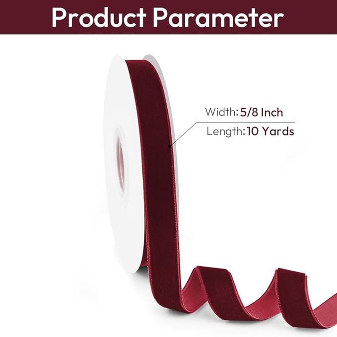 5/8" Wide Velvet Ribbon, 10 Yards -Burgundy Vine Red Velvet Ribbon on Spool for Crafts, Gift Wrapping, DIY, Hair Bows, Wedding Invitations, Parties, Valentine's Day, and Christmas