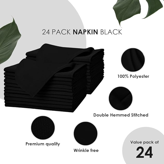 Black Cloth Napkins Bulk (Pack of 24) - 100% Polyester Dinner Linen Napkins Cloth Washable & Reusable - Durable with Hemmed Edges - Ideal for Parties and Weddings (17x17 Inches)