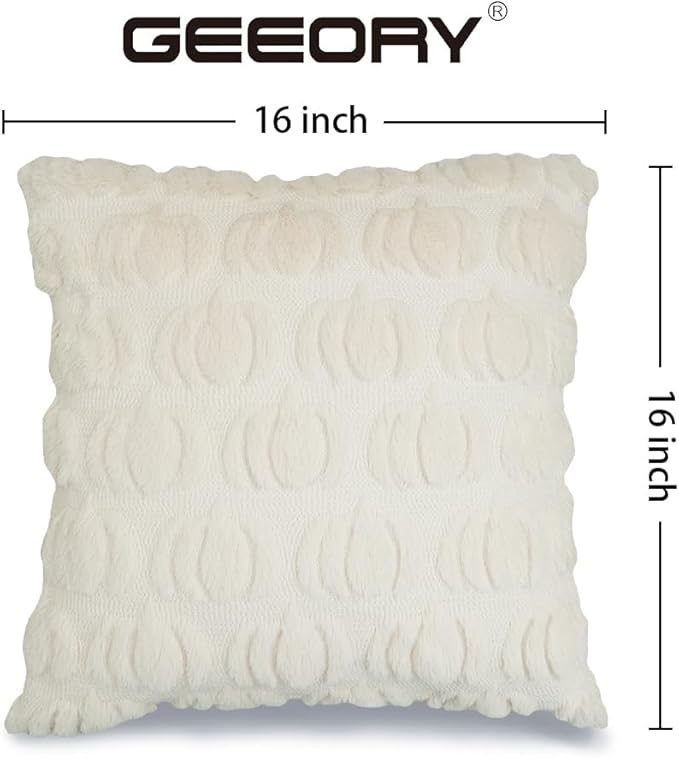 GEEORY Fall Pumpkin Throw Pillow Covers 16x16 Inch Set of 2, Autumn Soft Plush Faux Fur Wool Decorative Farmhouse Holiday Cushion Case for Home Decoration (Beige) GC002-16