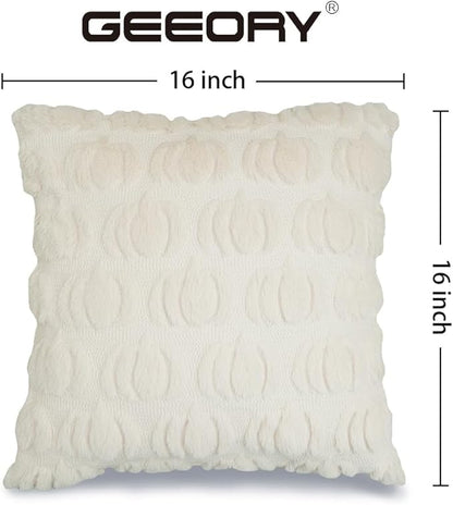 GEEORY Fall Pumpkin Throw Pillow Covers 16x16 Inch Set of 2, Autumn Soft Plush Faux Fur Wool Decorative Farmhouse Holiday Cushion Case for Home Decoration (Beige) GC002-16