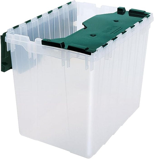 Akro-Mils KeepBox 18 Gallon Storage Container, Nesting and Stackable Plastic Storage Box with Lid Attached, Clear Tote for Garages, Closets, and Moving, 21" x 15" x 17", Clear/Green