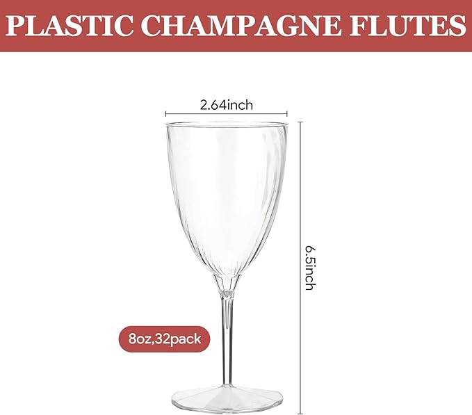 32 PCS Clear Disposable Plastic Champagne Flutes, 8 Oz Plastic Champagne Glasses, DisposableFlutes for Party, Disposable Wine Glasses Cocktail Cups for Home Daily Life Party Birthday Wedding Toasting
