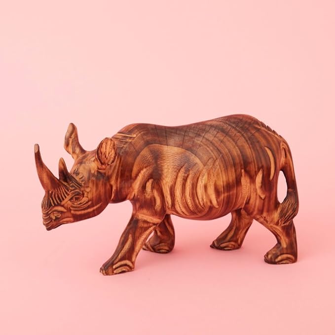 Large Wood Rhino Sculpture, Statues, Animal Figurines, Home Decor Accents, Living Room, Office, Desk, Coffee Table, Book Shelf, Hand Carved, African, Brown
