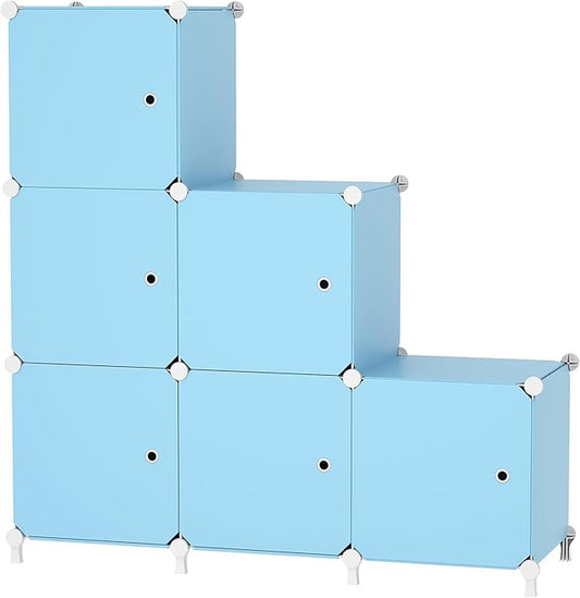Cube Storage Organizer, 6-Cube Shelves Unit with Doors, DIY Stackable Plastic Clothes Organizer for Bedroom and Under Stairs Storage Unit, Each Compartment 30 x 30 x 30 cm Blue ATTSL6005
