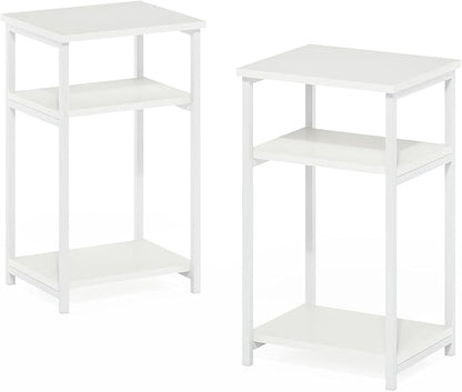 Furinno JUST Side Table Set of 2, 3-Tier Metal Frame Modern End Table with Open Shelf, Night Stand, Bedside Table, for Living Room, Bedroom, White