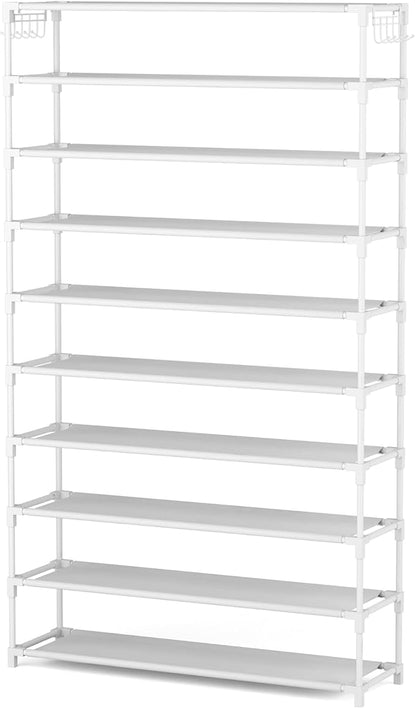 LANTEFUL 10 Tiers Shoe Rack 50 Pairs Large Capacity Tall Shoe Organizer Sturdy Shoe Storage with Two Hooks Space Saving Metal Wide Shoe Rack for Closet, Entryway, Bedroom, White