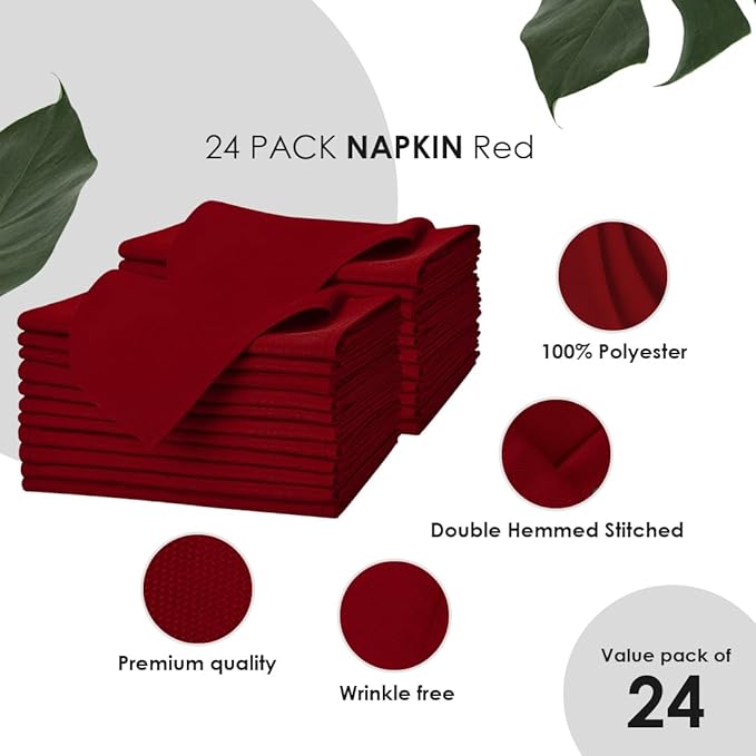 Red Cloth Napkins Bulk (Pack of 24) - 100% Polyester Dinner Linen Napkins Cloth Washable & Reusable - Durable with Hemmed Edges - Ideal for Parties and Weddings (17x17 Inches)