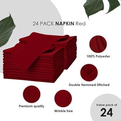 Red Cloth Napkins Bulk (Pack of 24) - 100% Polyester Dinner Linen Napkins Cloth Washable & Reusable - Durable with Hemmed Edges - Ideal for Parties and Weddings (17x17 Inches)