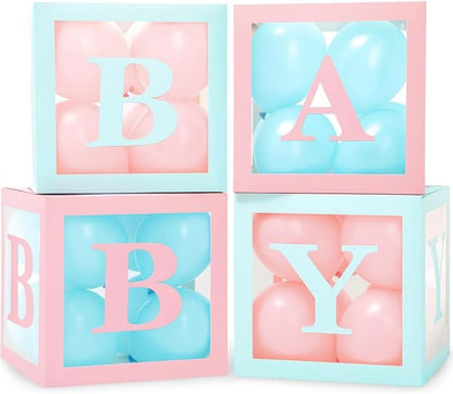 Baby Shower Boxes with Letters – Pink And Blue Boxes with Pink & Blue Balloons – 44-Piece Gender Reveal & Party Decoration Set by Vellax