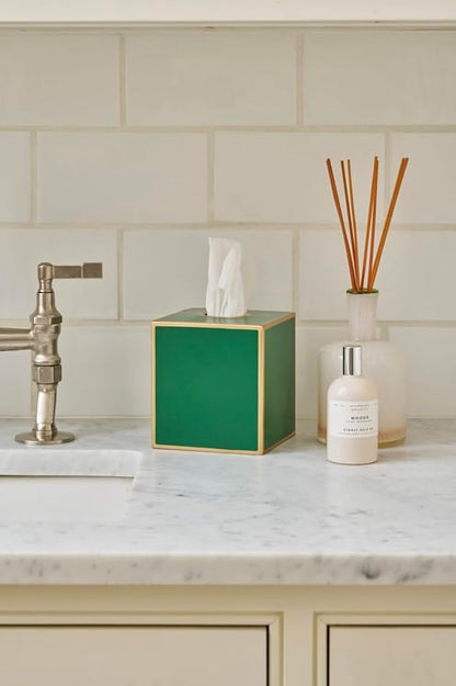 Jaye’s Studio Decorative Square Metal Tissue Box Cover Gold - Luxury Cube Facial Tissue Holder & Dispenser for Bathroom, Bedroom & Home, Modern Chic & Farmhouse Decor, Mattie Line (Emerald Green)