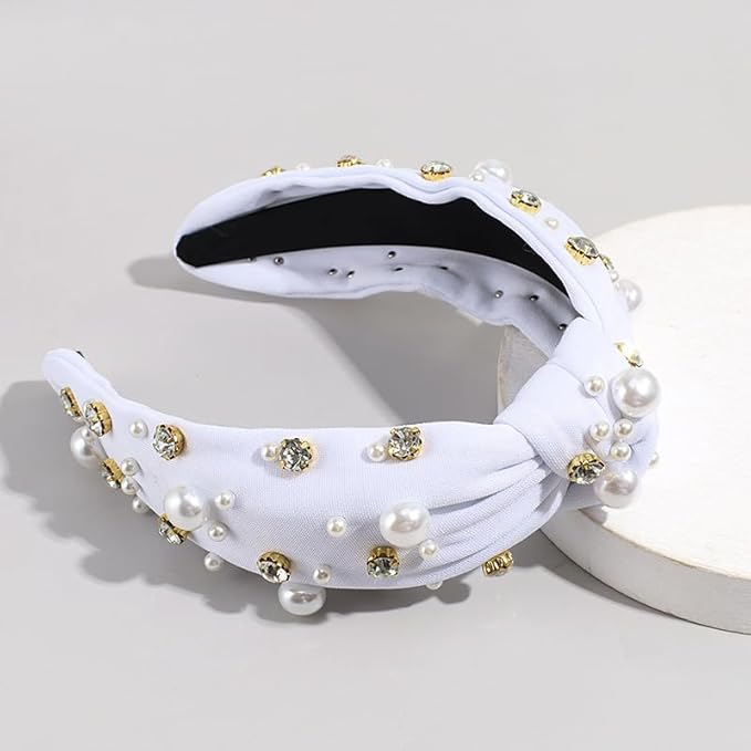 JILIYUPA Carnival Headband Rhinestone Cross Knotted Turban Hair Hoop Carnival Crystal Twist Velvet Wide Hairband Party Hair Accessory (Black, White)