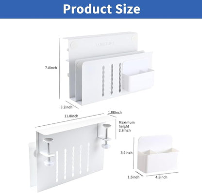 LUKETURE Desk Side Storage, 2 Tier Steel Side Desk Organizer, No Drill Laptop Holder, Clamp on Laptop Mount with Pen Holder, Fits Flat Edge Tables 0.3" to 2.8" (White, L(2 Tier))