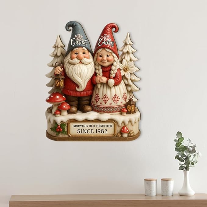 Growing Old Together Gnomes Wooden Sign, Gifts for Him Her Wife Husband, Personalized Wood Plaque Anniversary Couples Gift, Valentine Christmas Gift For Parents, Grandparents Decorations Sign 31