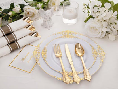 400PCS Pre Rolled Gold Plastic Silverware Sets - Heavy Duty Fancy Gold Cutlery - Include 100 Pack Wrapped Disposable Utensils with Napkins for Parties, Dinners & Weddings