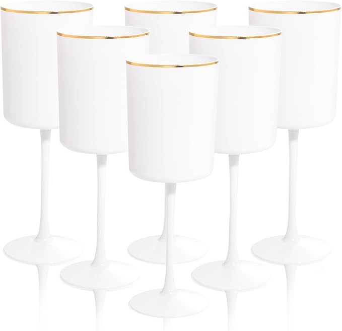 Ciaell 12 Pack White Plastic Wine Glasses with Stem - 10 Oz White and Gold Disposable Wine Glasses for Parties & Thanksgiving & Weddings & Poolside & Toasting & Outdoors & Graduation