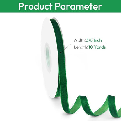 3/8" Wide Velvet Ribbon, 10 Yards - Thin Forest Green Velvet Ribbon on Spool for Crafts, Gift Wrapping, DIY, Hair Bows, Wedding Invitations, Parties, Valentine's Day, and Christmas
