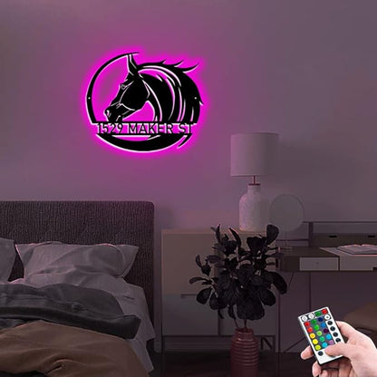Personalized Name Horse Lamp Custom Wooden/Metal Horse Night Light Horse Wall Art LED Horse Light Farmhouse House Sign Horse Themed Gifts for Girl Birthday Christmas(Horse Address Light)