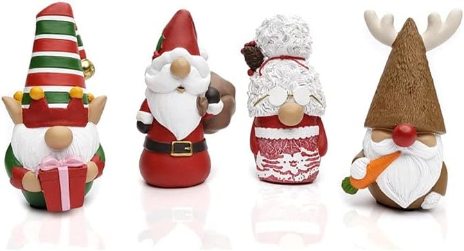 Madanar Resin Christmas Gnomes 4 Piece Set Tiered Tray Shelf Kitchen Table Holiday Decorations - Elf, Santa, Mrs. Claus, & Reindeer (Christmas)