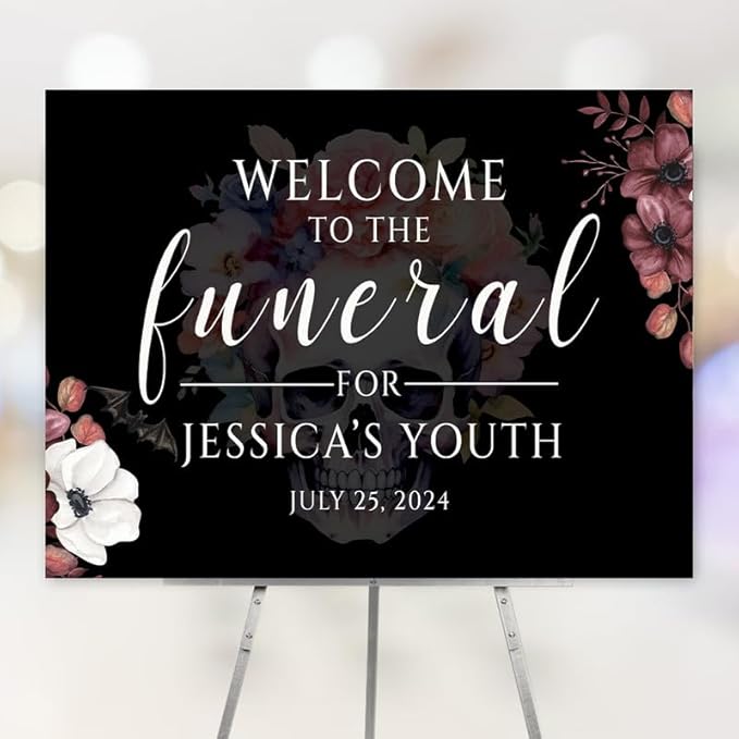 Funeral For My Youth 30th Birthday Party Welcome Sign, Personalized R.I.P Twenties Farewell to Youth Custom Decor, Vintage Gothic Floral Skull.