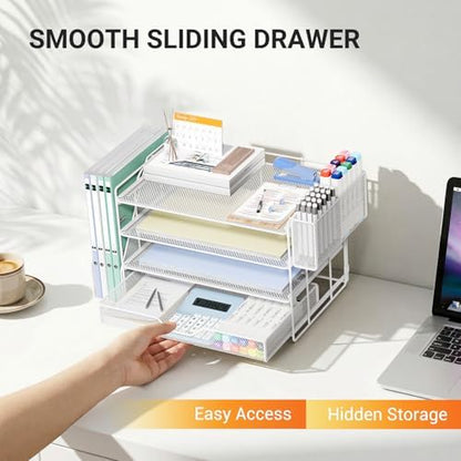 OPNICE Desk Organizers and Accessories, 4-Tier Desktop File Organizer with Drawer and Pen Holders, Office Desk Accessories Workspace Organizers for Office Supplies (Soft White)