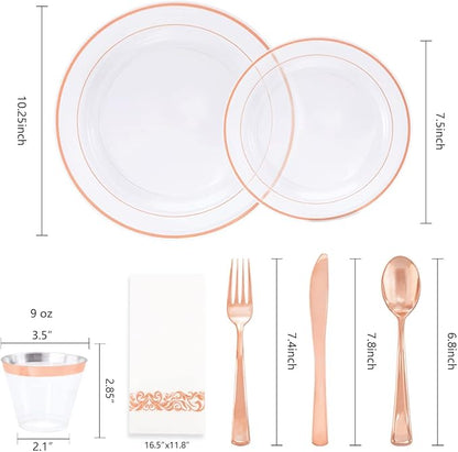 WELLIFE 350Pcs Rose Gold Plastic Plates for 50 Guests - Clear Plates for Party，Disposable Dinnerware Set Includes 100 Rose Gold plates,150 Silverware,50 Napkins,50 Cups for Party and Wedding