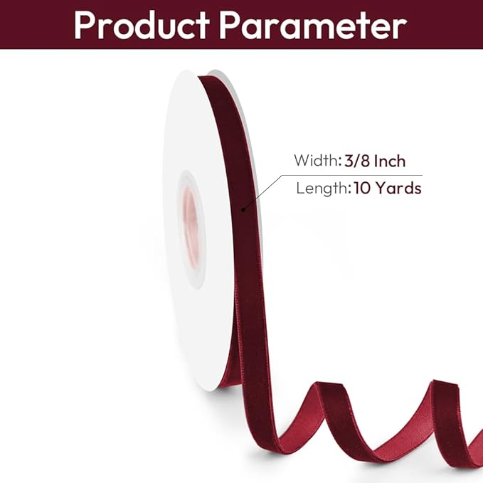 3/8" Wide Velvet Ribbon, 10 Yards - Burgundy Velvet Ribbon on Spool for Crafts, Gift Wrapping, DIY, Hair Bows, Wedding Invitations, Parties, Valentine's Day, and Christmas